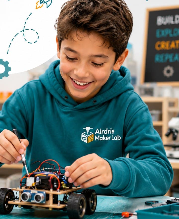 A child carefully building a small robot vehicle in Airdrie Maker Lab